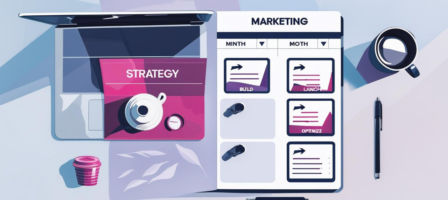 30-day marketing planner for busy business owners showing strategy, build, launch, and optimize stages